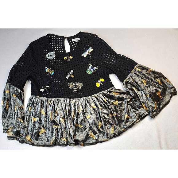 Adore Black Crochet & Velvet Top With Embellished Flared Sleeves L - Picture 1 of 12